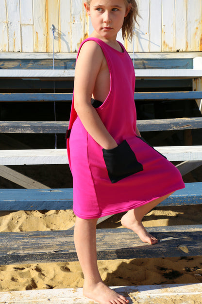 Kids wearable towel dress with pockets in Magenta colour