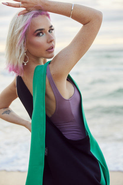 Adults wearable towel dress in Jade with high contrast black panel