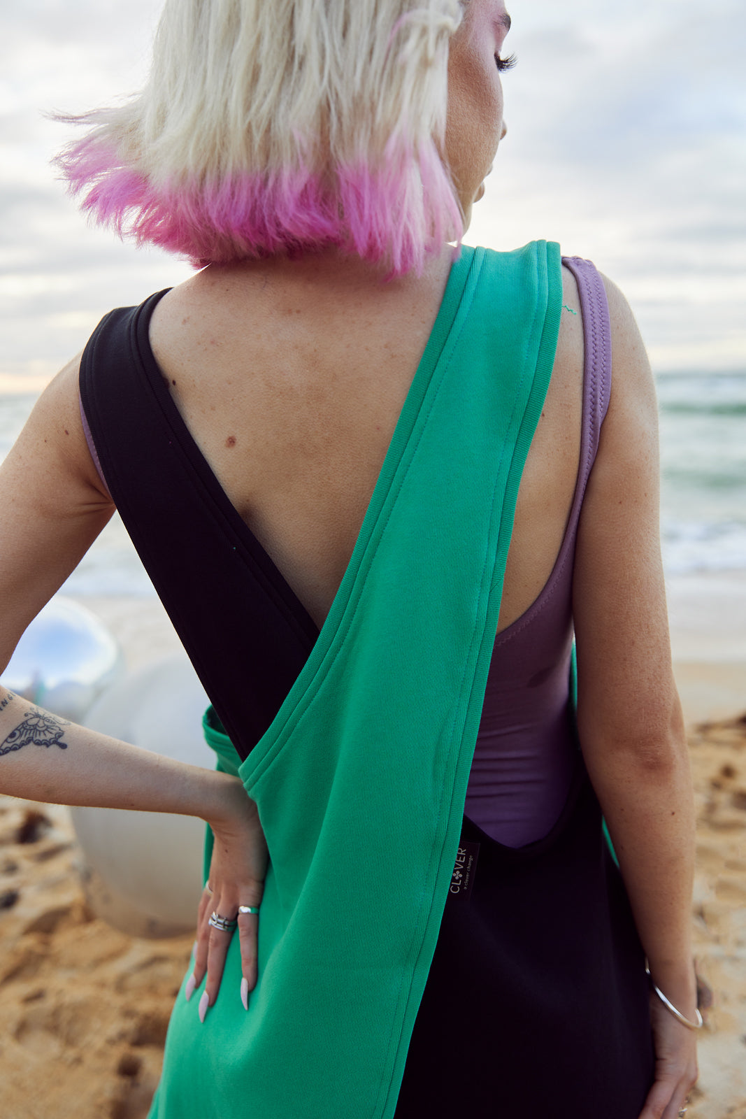 Adults wearable towel dress in Jade with high contrast black panel
