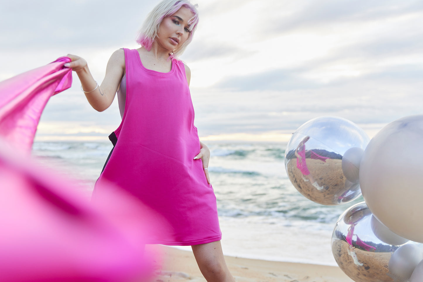 Adults wearable towel dress in Magenta with black contrast 